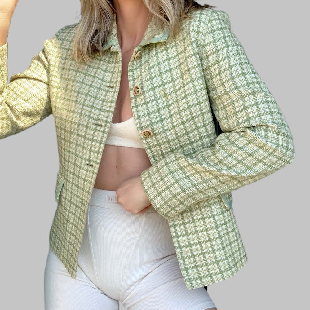 Vintage Pistachio Green Tweed Blazer Jacket Small - Picture 8 of 8